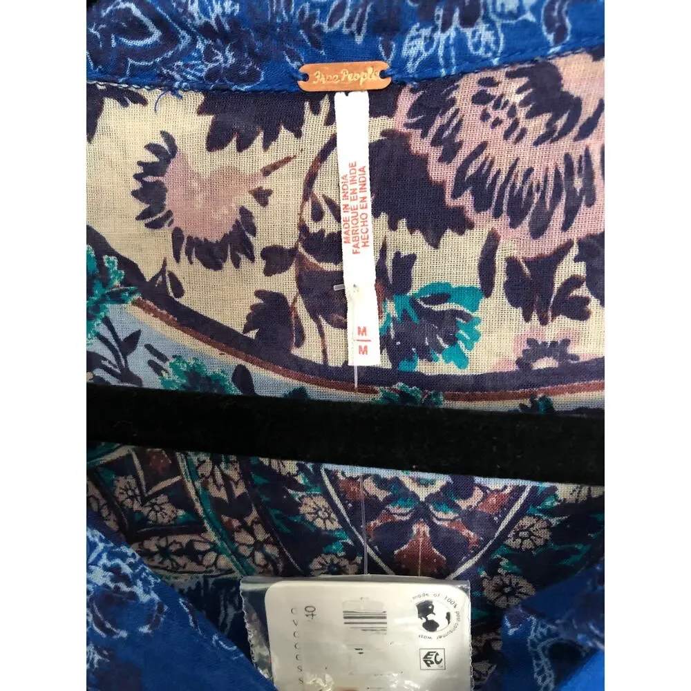 Free People Button-Up Top Floral Lightweight Blue Motif Women's Medium NEW